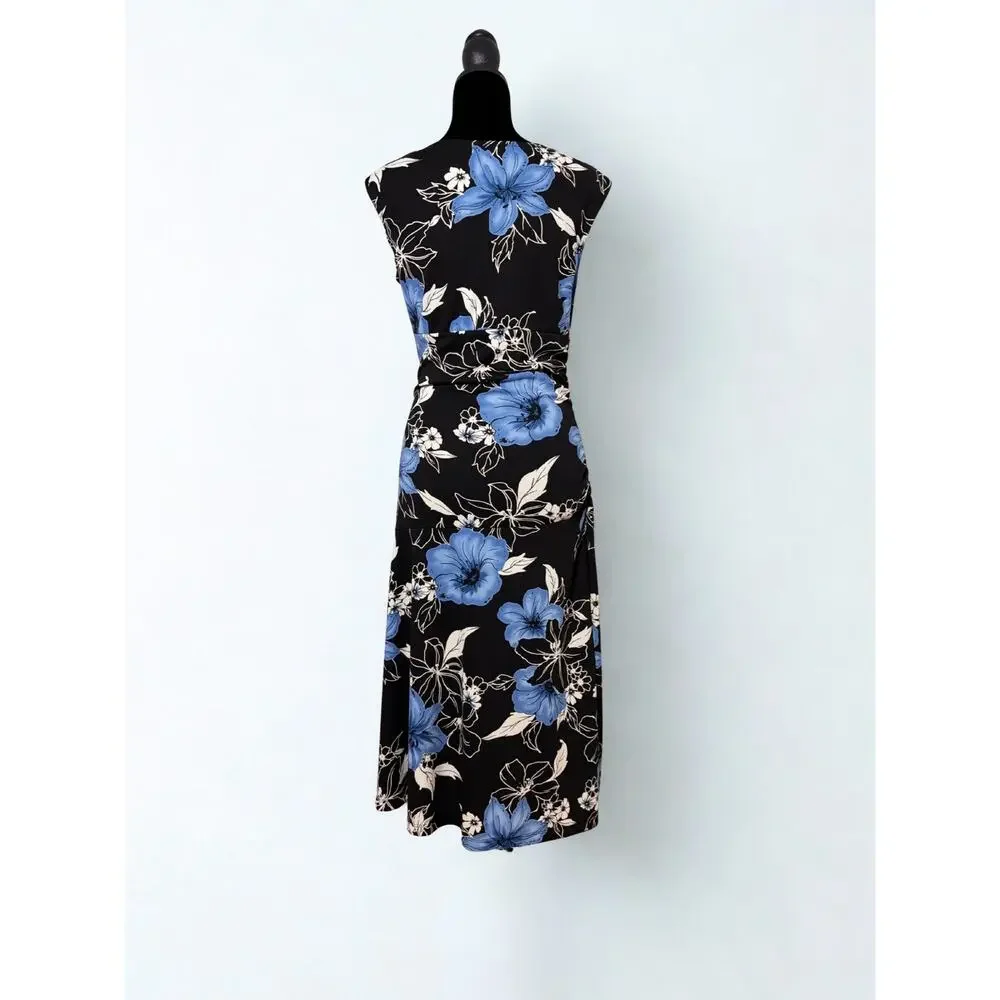 Vtg Y2K Byer Too Black Sleeveless Surplice Wrap Dress Blue Floral Print Size M